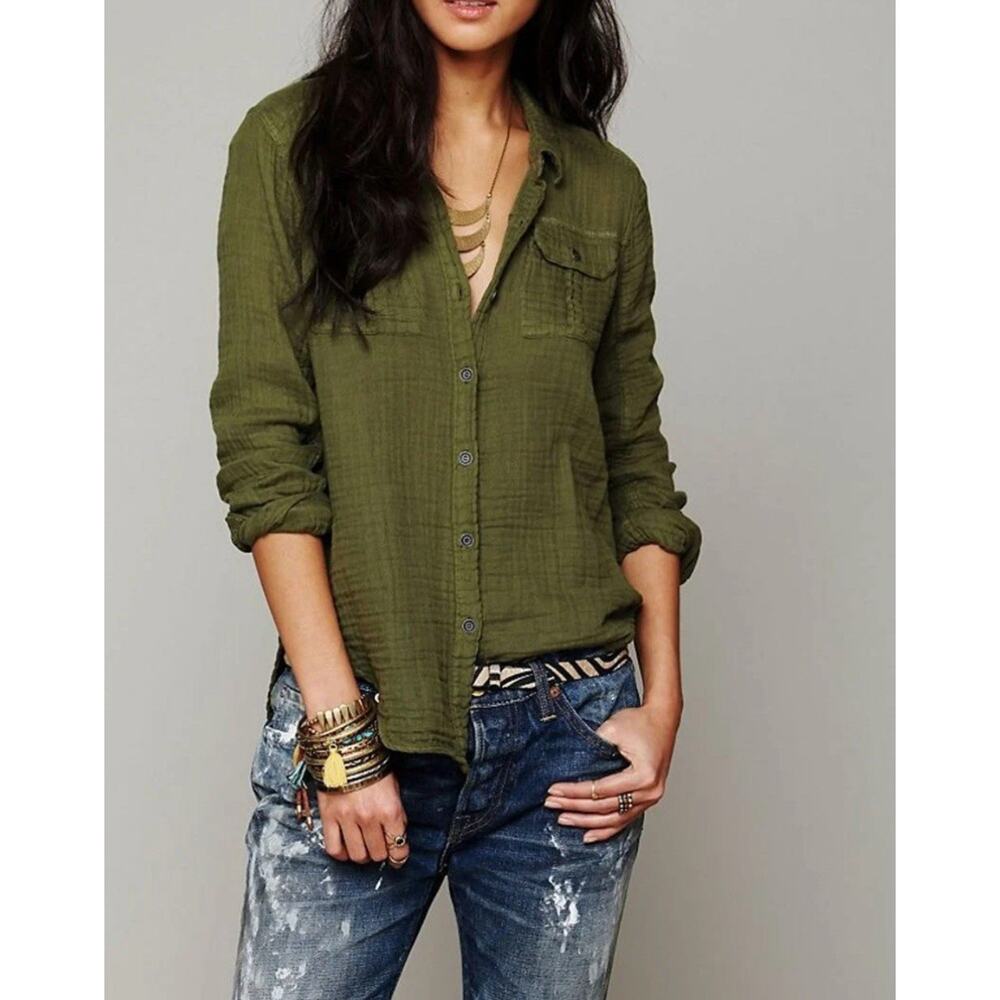 We The Free People Button Tunic Army Green Cotton Gauze Oversized Women Size SP